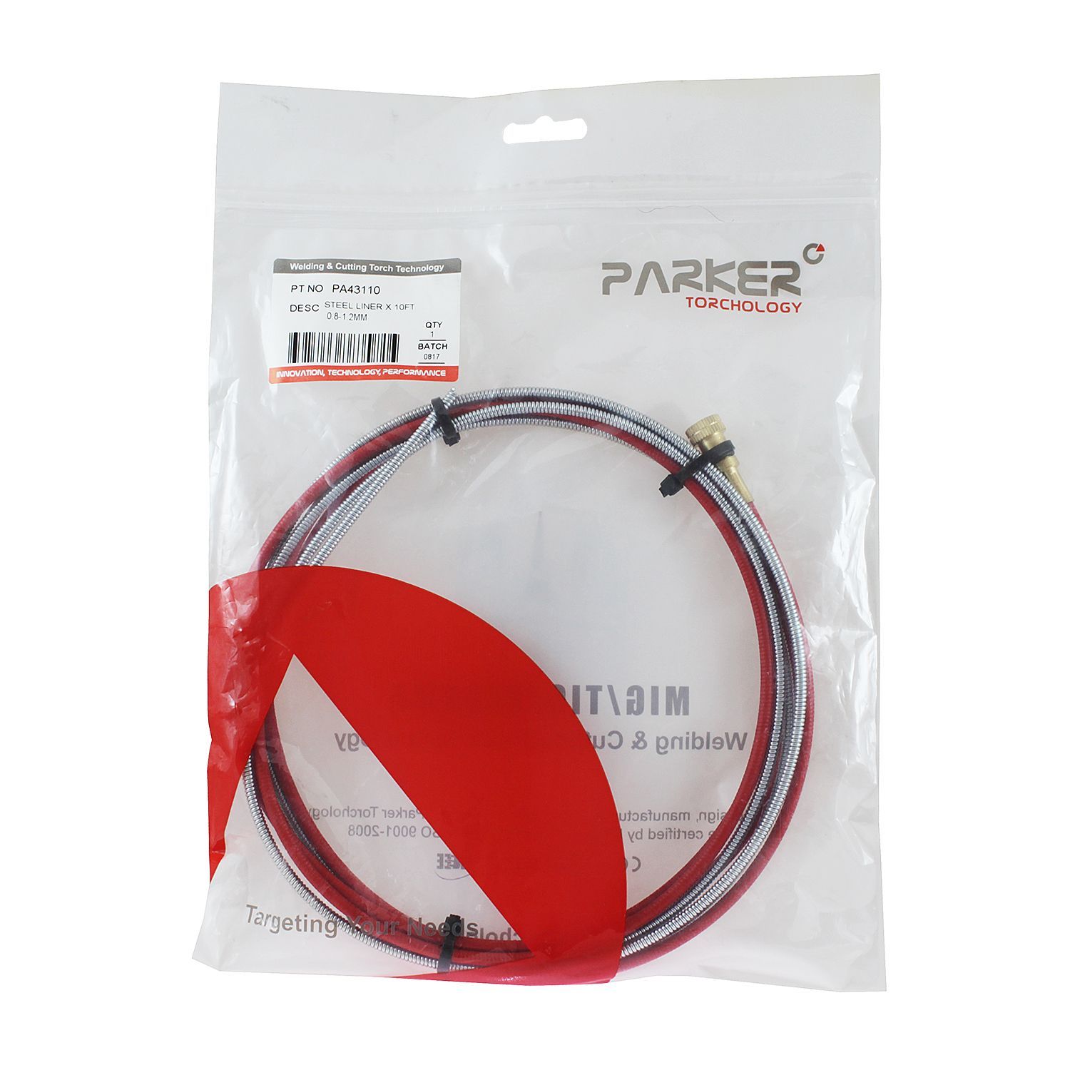 PA43110 Направляющий канал Parker 0,8-1,2 мм 3 метра (стальная спираль с латунным ниппелем в красной оплётке) (MIG/MAG)