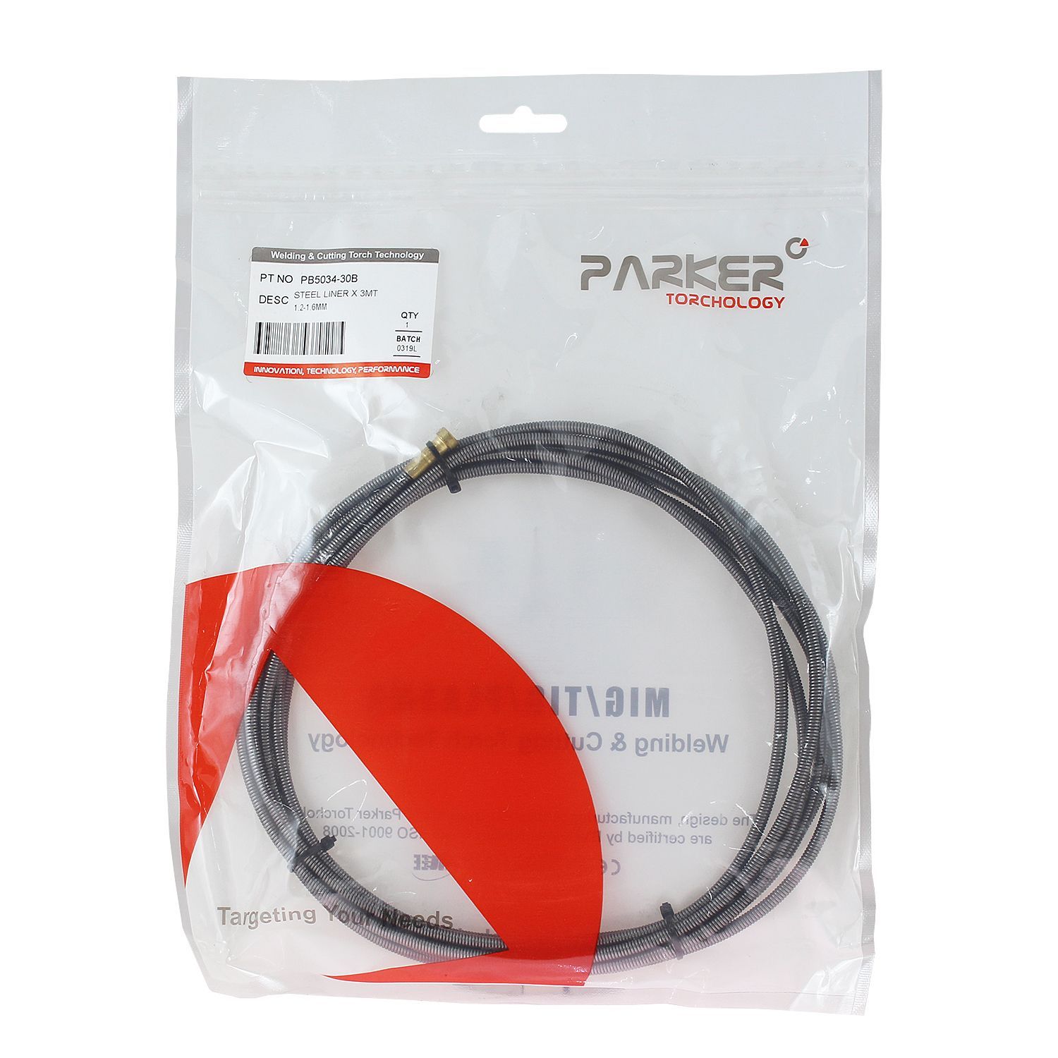 PB5034-30B Направляющий канал Parker 1,2-1,6 мм 3 метра (стальная спираль с латунным ниппелем без оплётки) (MIG/MAG)