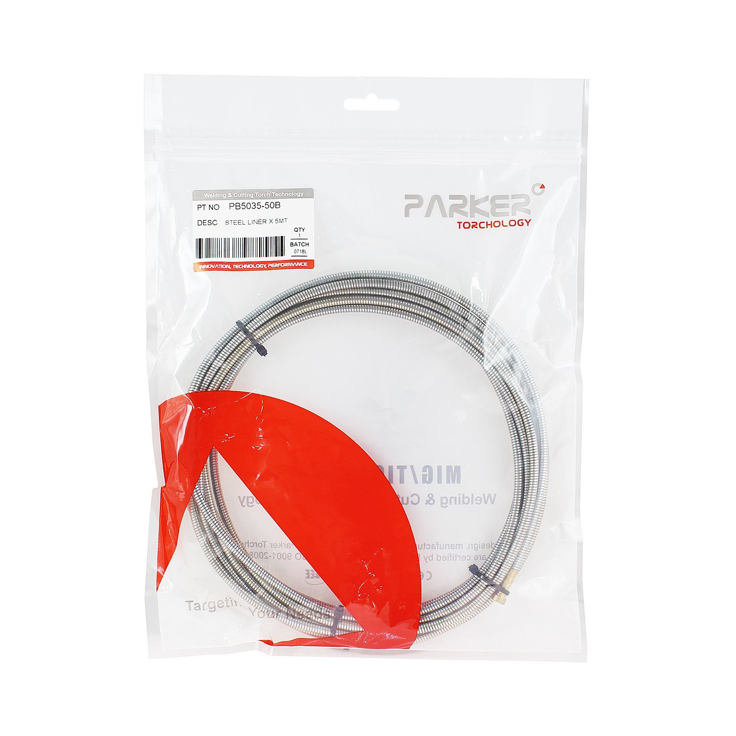 PB5035-50B Направляющий канал Parker 2,0-2,4 мм 5 метров (стальная спираль с латунным ниппелем без оплётки) (MIG/MAG)