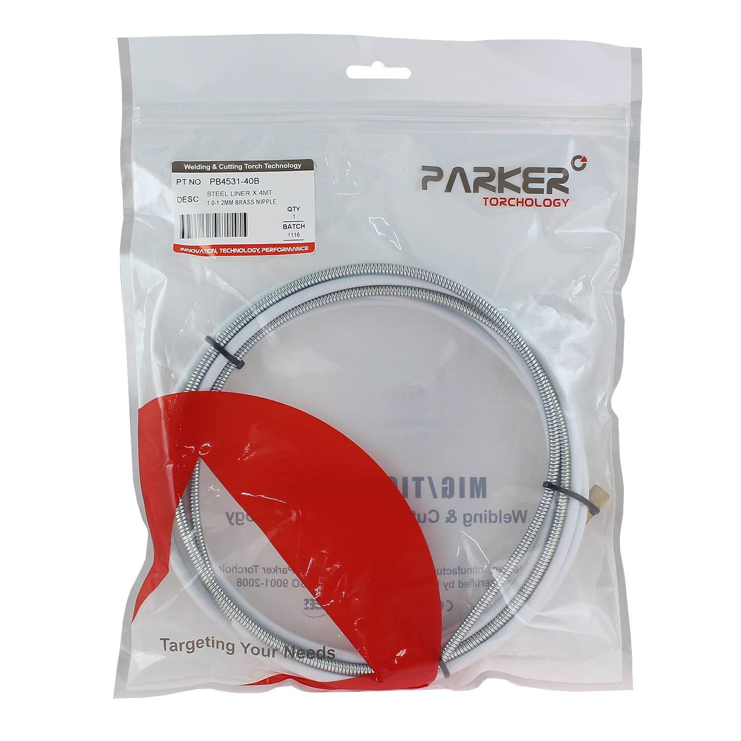 PB4531-40B Направляющий канал Parker 1,0-1,2 мм 4 метра (стальная спираль с латунным ниппелем в белой оплётке) (MIG/MAG)