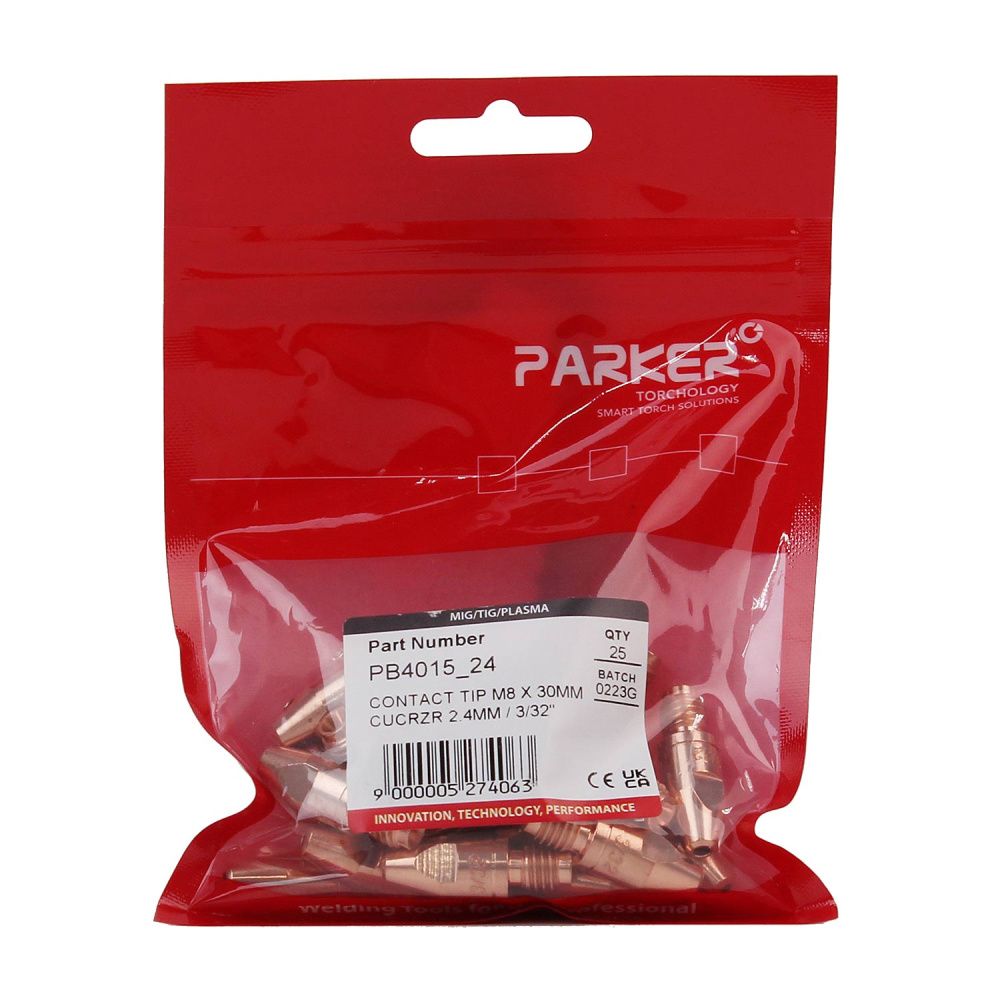 PB4015-24 Parker Contact tip M8x30mm CuCrZr 2.4mm (pack)