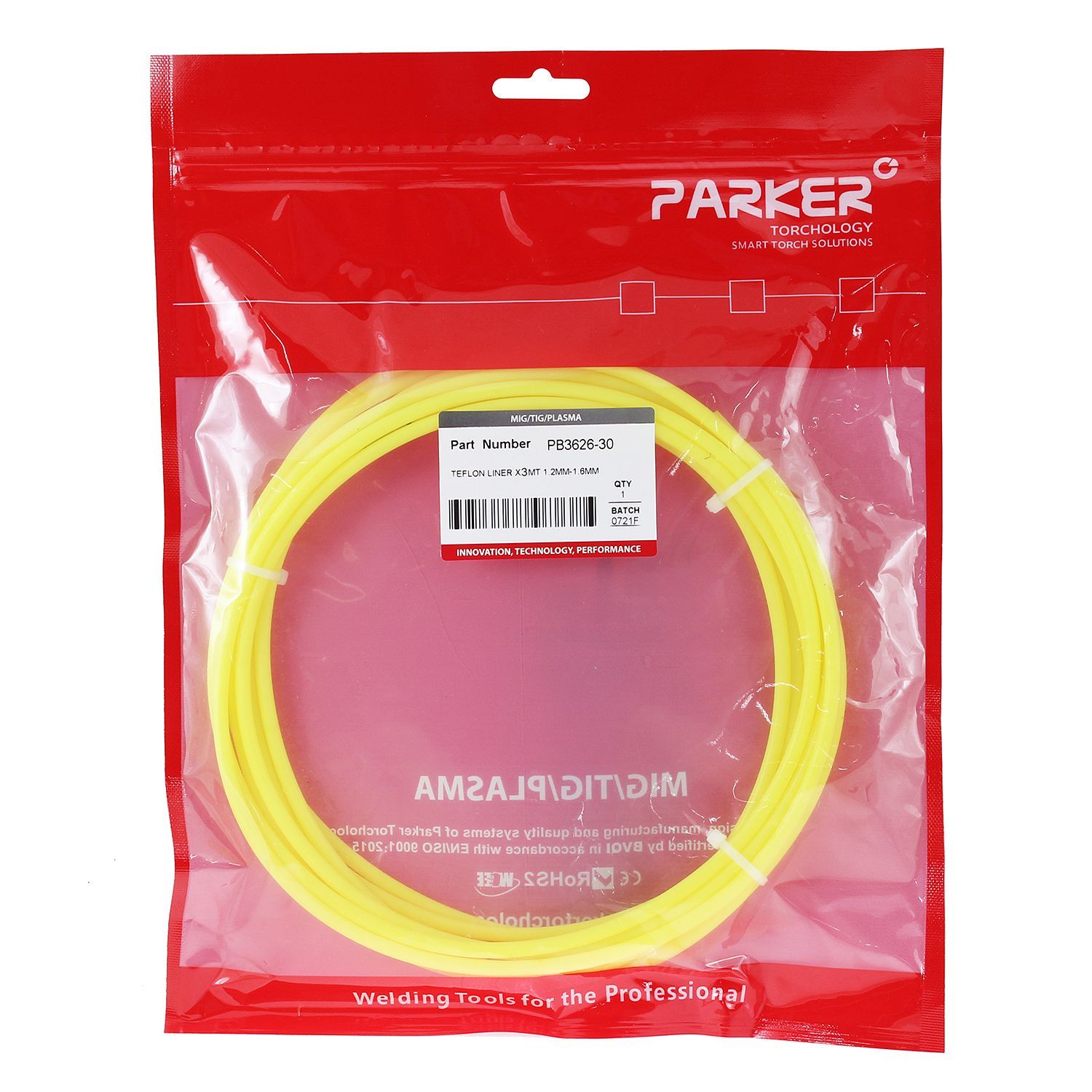 PB3626-30 Направляющий канал Parker 1,2-1,6 мм 3 метра (тефлоновый канал с латунным ниппелем в жёлтой оплётке) (MIG/MAG)