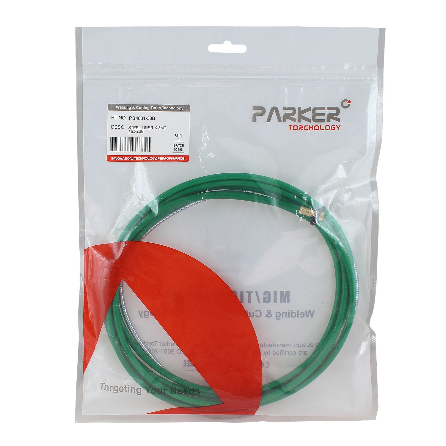 PB4631-30B Направляющий канал Parker 2,0-2,4 мм 3 метра (стальная спираль с латунным ниппелем в зелёной оплётке) (MIG/MAG)