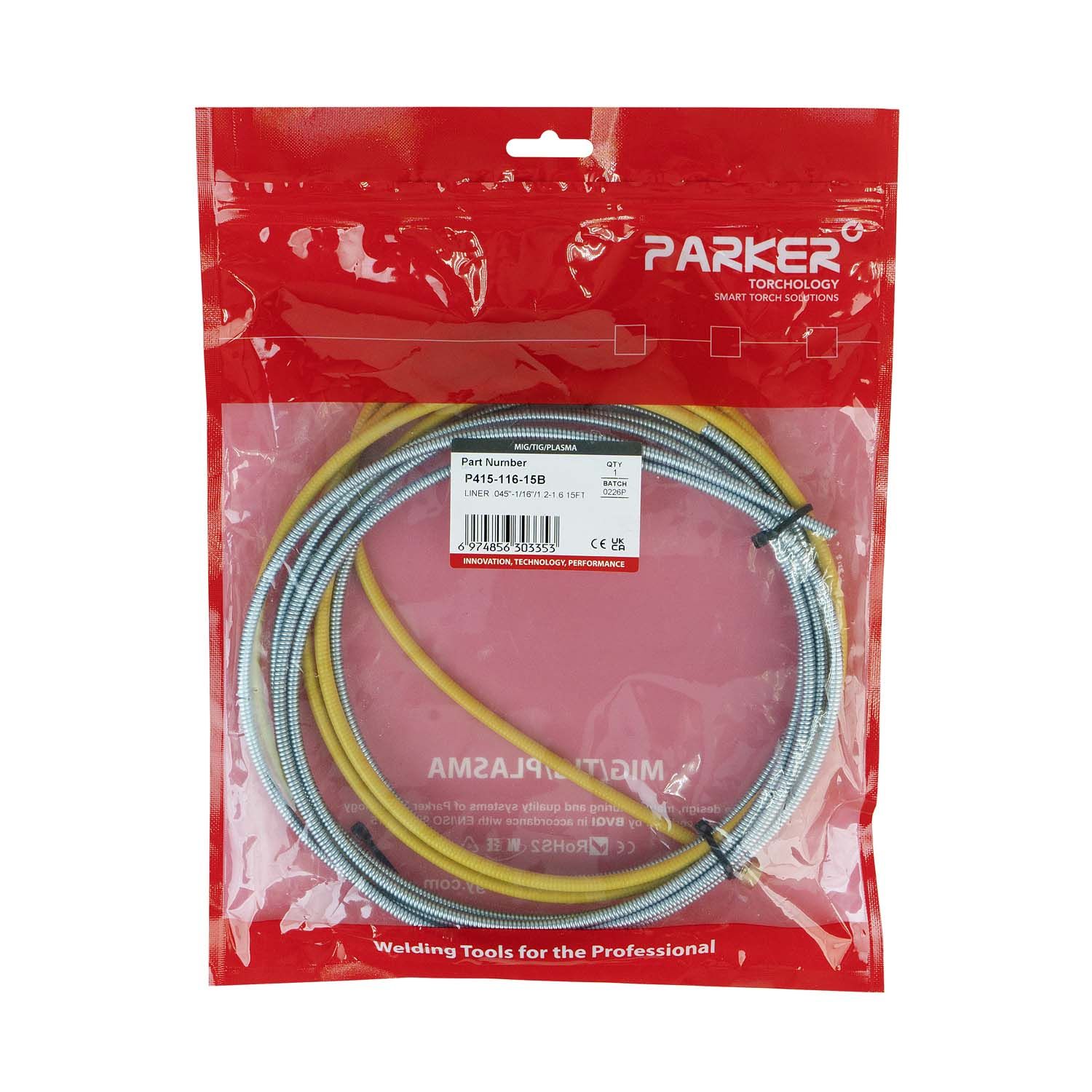 P415-116-15B Направляющий канал Parker 1,2-1,6 мм 4 метра (стальная спираль с латунным ниппелем в желтой оплётке)
