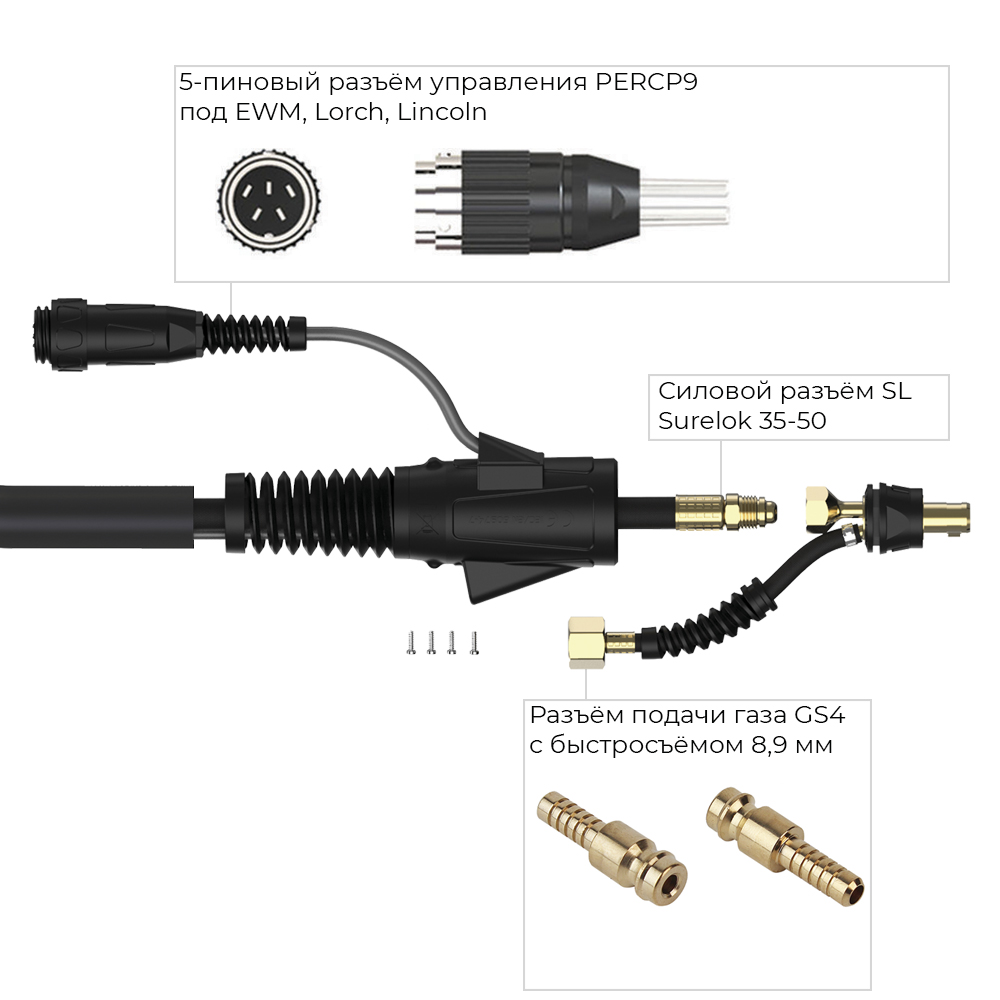 Сварочная горелка Parker SGT 26 с 5-пиновым разъёмом EWM, Lorch, Lincoln и быстросъёмом 8,9 мм 4 метра