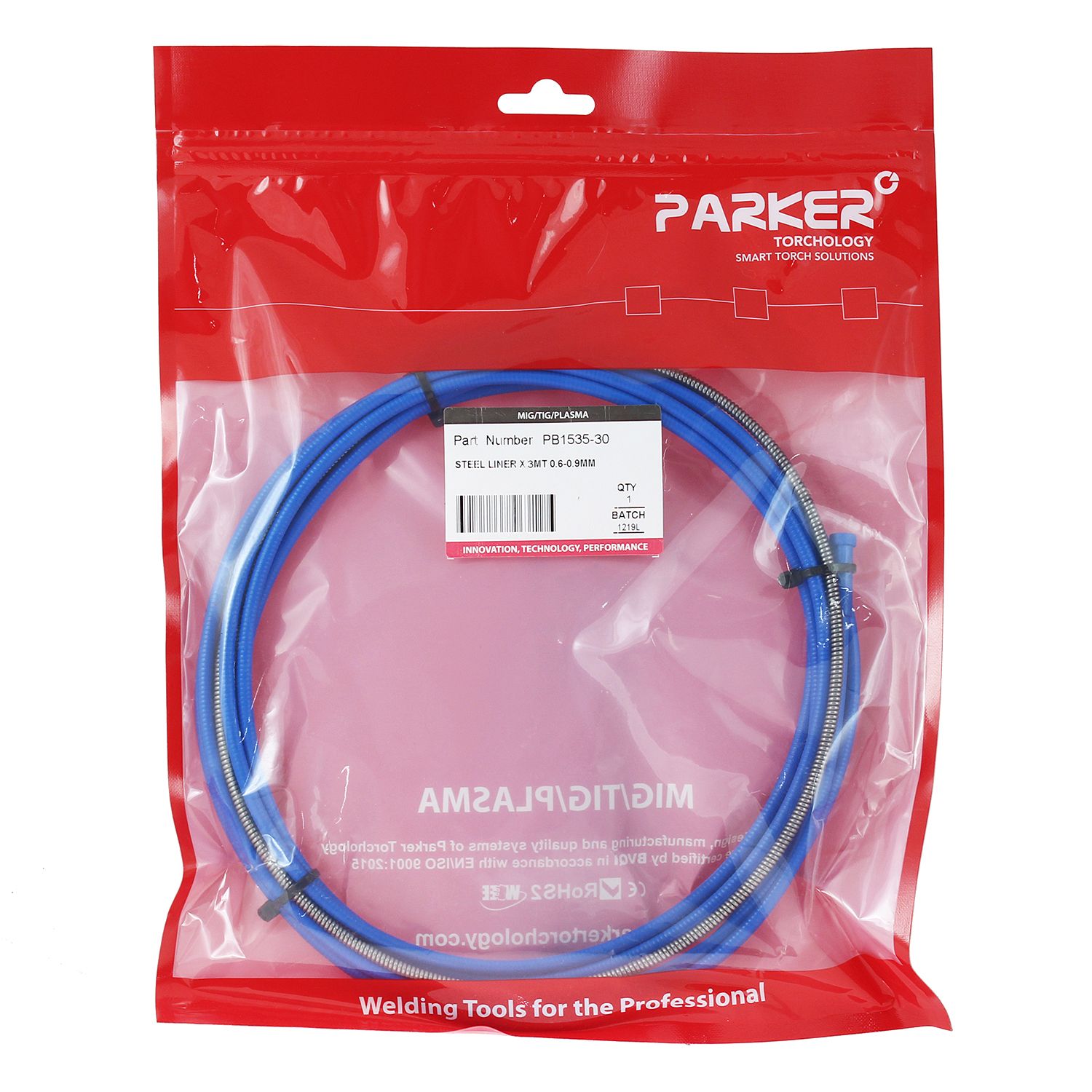 PB1535-30 Направляющий канал Parker 0,6-0,9 мм 3 метра (стальная спираль с литым ниппелем в синей оплётке) (MIG/MAG)
