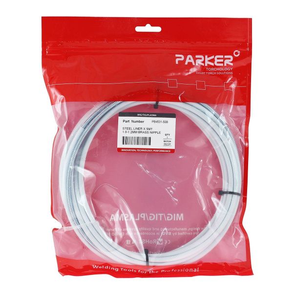 PB4531-50B Направляющий канал Parker 1,0-1,2 мм 5 метров (стальная спираль с латунным ниппелем в белой оплётке) (MIG/MAG)