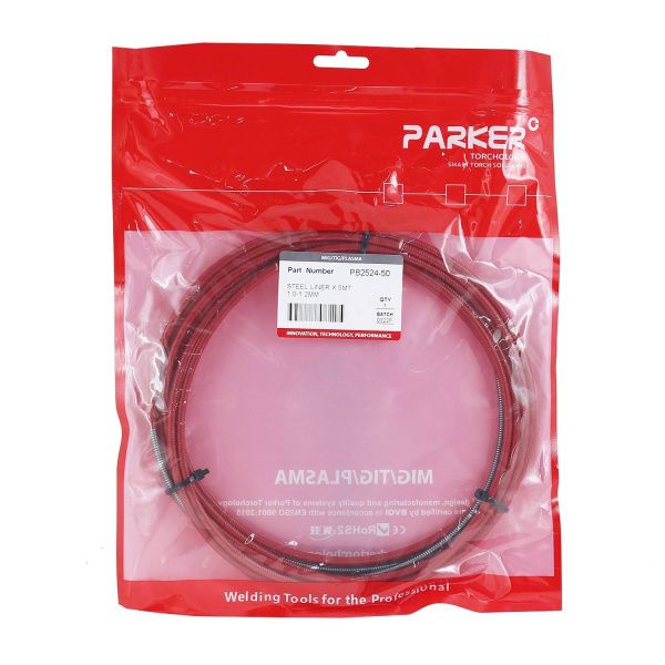 PB2524-50 Направляющий канал Parker 1,0-1,2 мм 5 метров (стальная спираль с литым ниппелем в красной оплётке) (MIG/MAG)