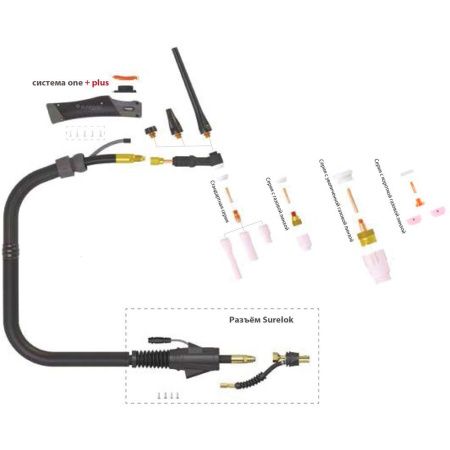 Сварочная аргонодуговая горелка Parker SGT 9 с 5-пиновым разъёмом EWM, Lorch, Lincoln, разъёмом с резьбой 1/4 BSP и системой One TIG 8 метров для TIG сварки в среде аргона
