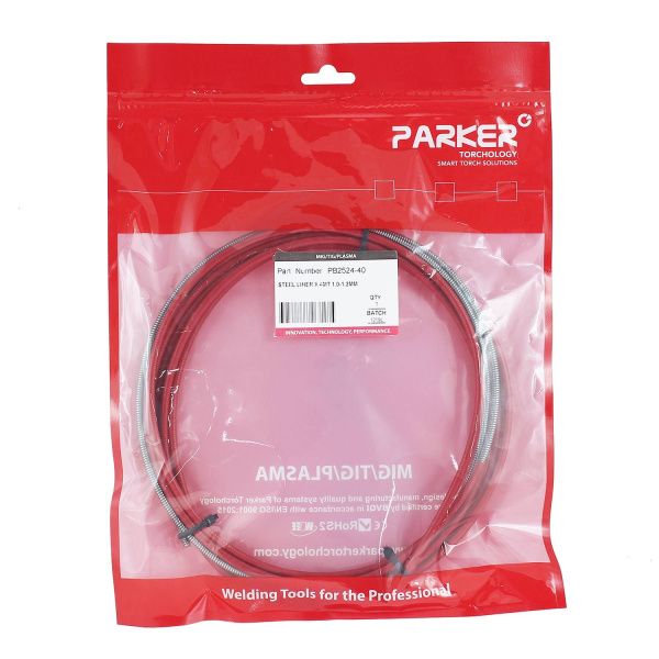 PB2524-40 Направляющий канал Parker 1,0-1,2 мм 4 метра (стальная спираль с литым ниппелем в красной оплётке) (MIG/MAG)