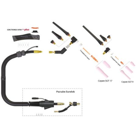 Сварочная аргонодуговая горелка Parker SGT 125M с шарнирной головой, 5-пиновым разъёмом EWM, Lorch, Lincoln, резьбой 1/4 BSP и системой One TIG 8 метров для TIG сварки в среде аргона