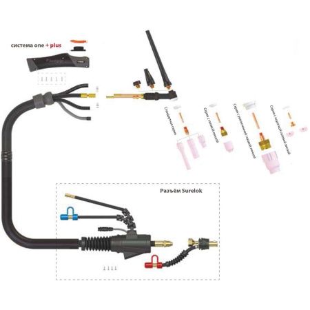 Сварочная аргонодуговая горелка Parker SGT 20FX с гибким гусаком, с 5-пиновой вилкой Tuchel и разъёмом с резъбой 1/4 BSP 4 метра (One TIG) для TIG сварки в среде аргона