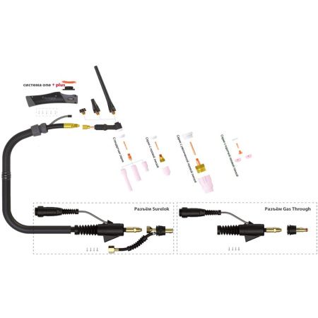 Сварочная аргонодуговая горелка Parker SGT 9FX с гибким гусаком, разъёмом Surelok GT, 4-мя кнопками и 9-пиновым разъёмом Fronius 8 метров для TIG сварки в среде аргона